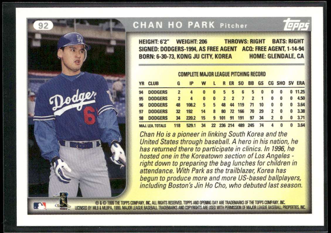 Chan Ho Park 1999 Topps Opening Day #92 Los Angeles Dodgers