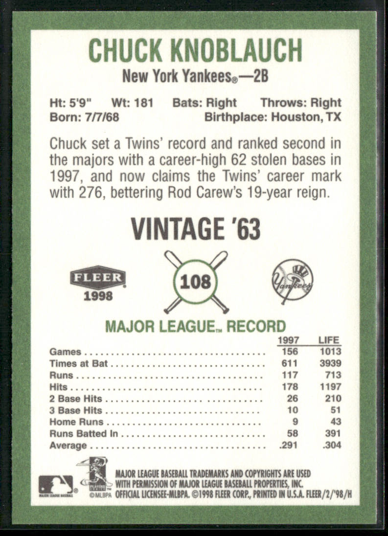 Chuck Knoblauch 1998 Fleer Tradition Vintage #108 New York Yankees
