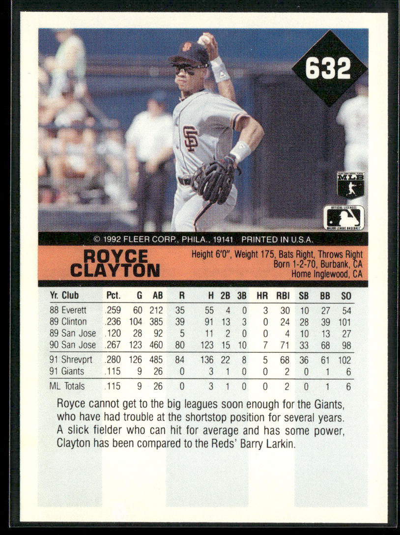 Royce Clayton 1992 Fleer #632b San Francisco Giants
