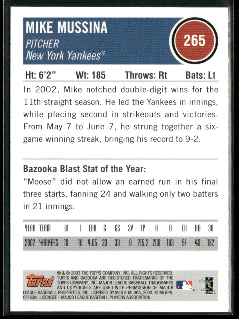 Mike Mussina 2003 Bazooka #265 New York Yankees