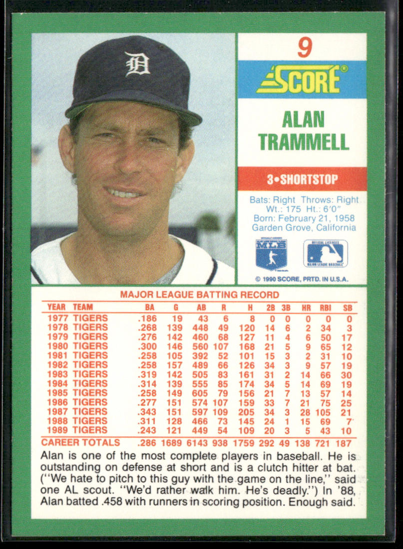 Alan Trammell 1990 Score #9 Detroit Tigers
