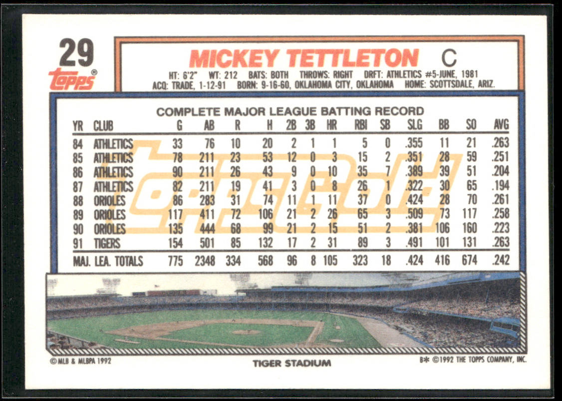 Mickey Tettleton 1992 Topps Gold Winners #29 Detroit Tigers