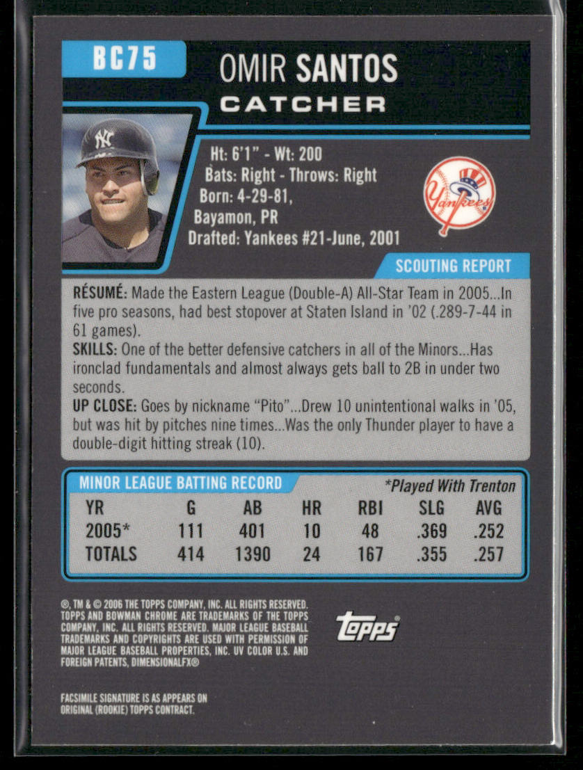 Omir Santos 2006 Bowman Chrome Prospects #BC75 New York Yankees
