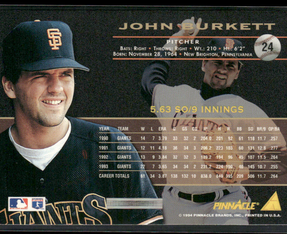 John Burkett 1994 Pinnacle #24 San Francisco Giants