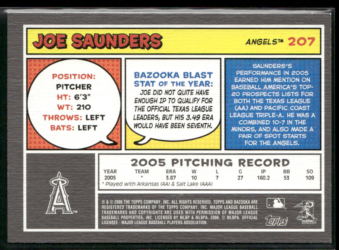 Joe Saunders 2006 Bazooka #207 RC Los Angeles Angels