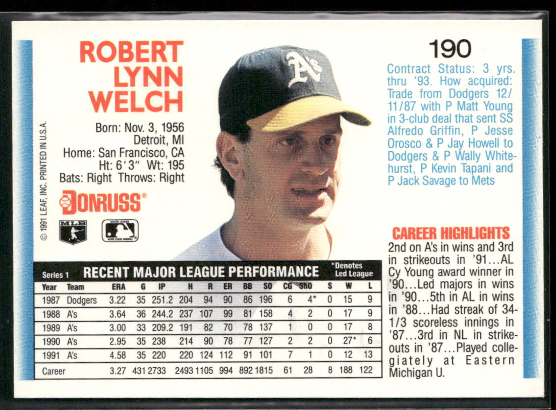 Bob Welch 1992 Donruss #190b Oakland Athletics