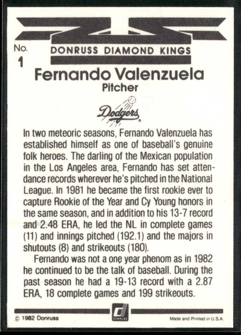 Fernando Valenzuela 1983 Donruss #1 Los Angeles Dodgers