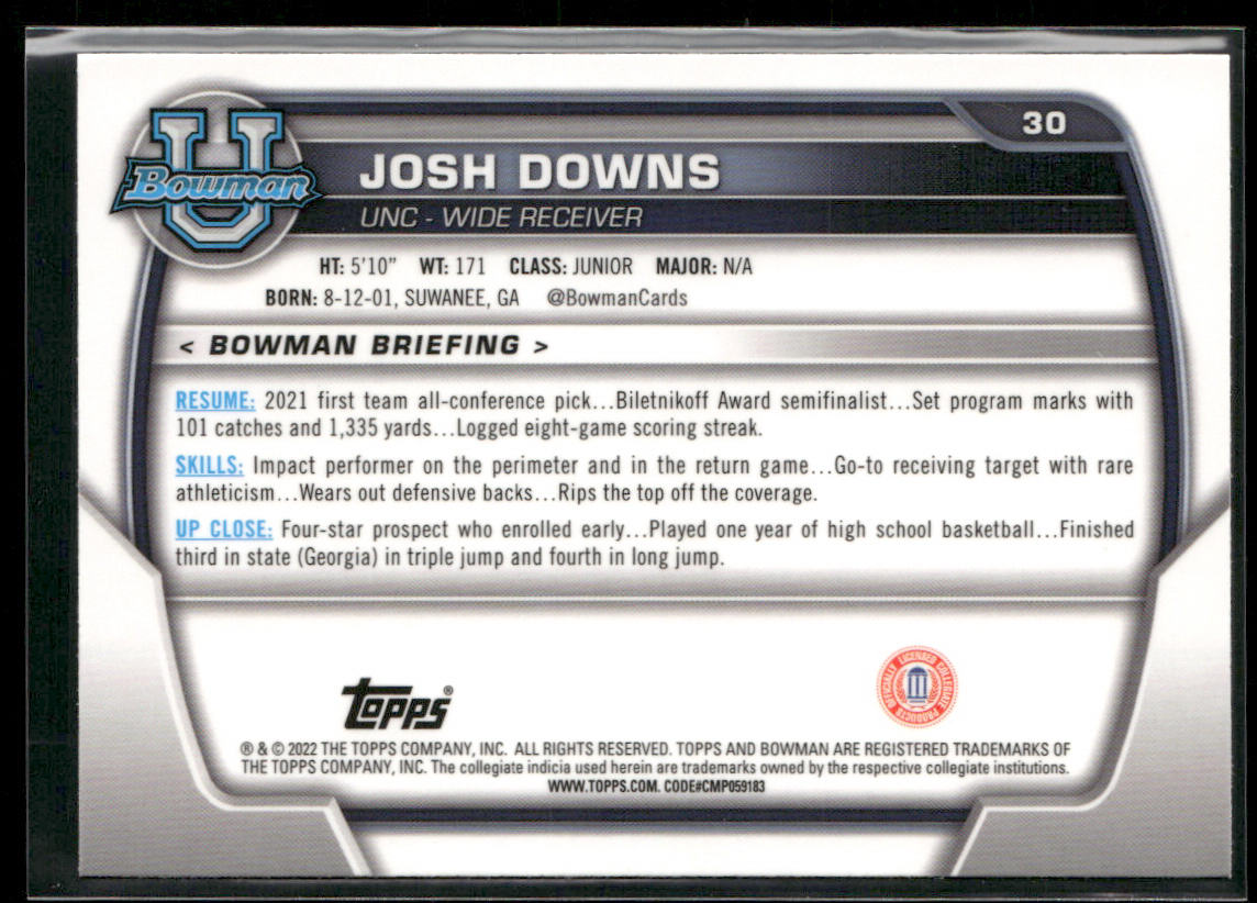Josh Downs 2022 Bowman University Chrome Pink Refractor #30 Tar Heels