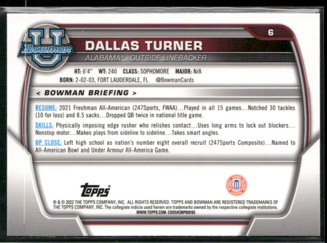Dallas Turner 2022 Bowman University Chrome #6 Alabama Crimson Tide
