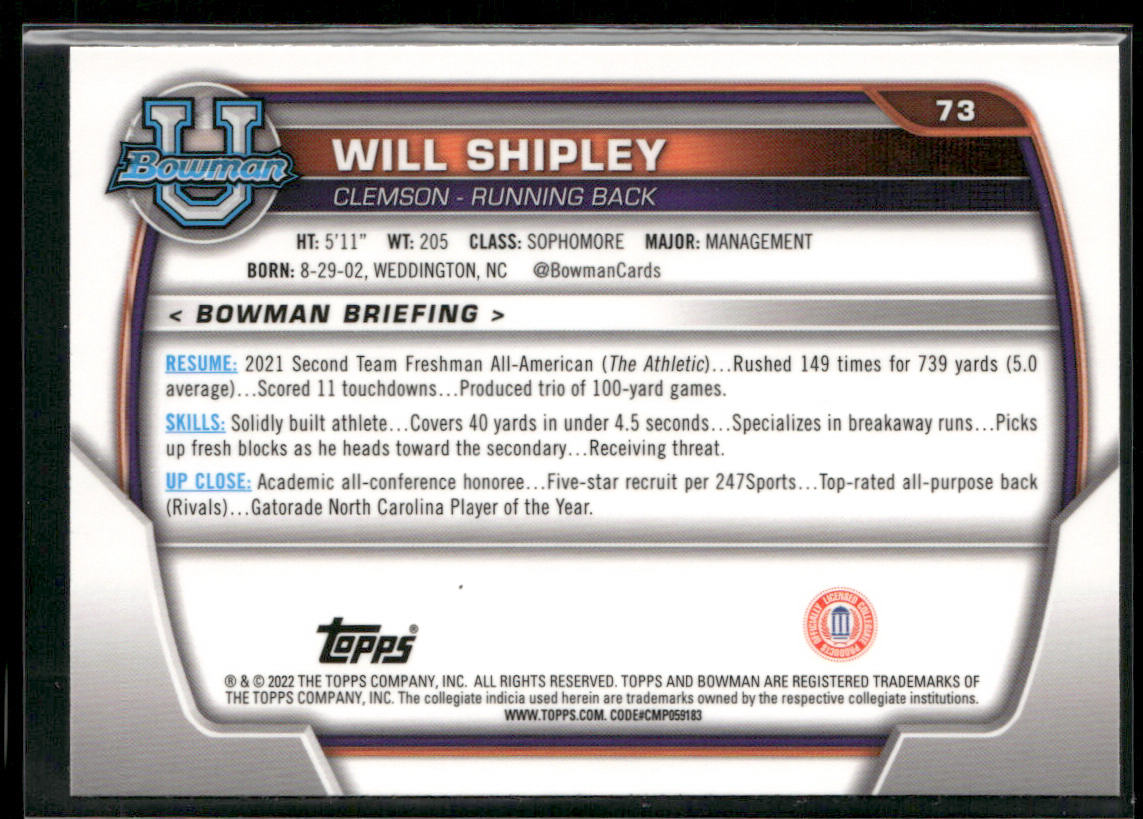 Will Shipley 2022 Bowman University Chrome #73 Clemson Tigers
