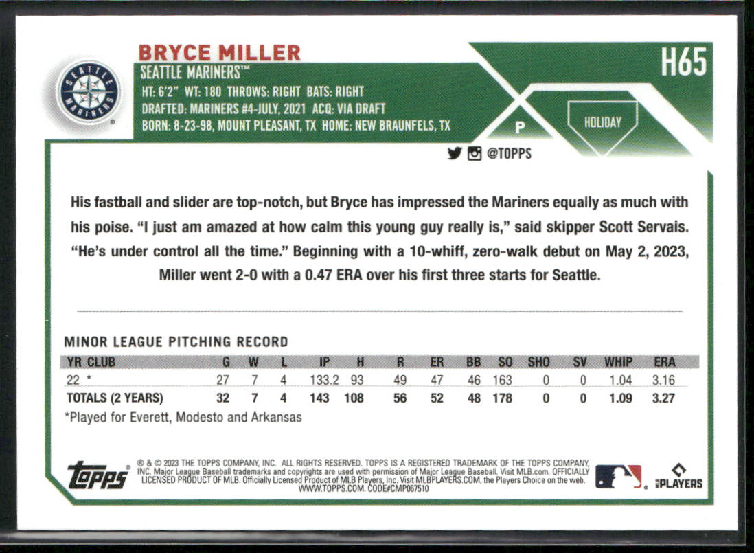 Bryce Miller 2023 Topps Holiday #H65 RC Seattle Mariners