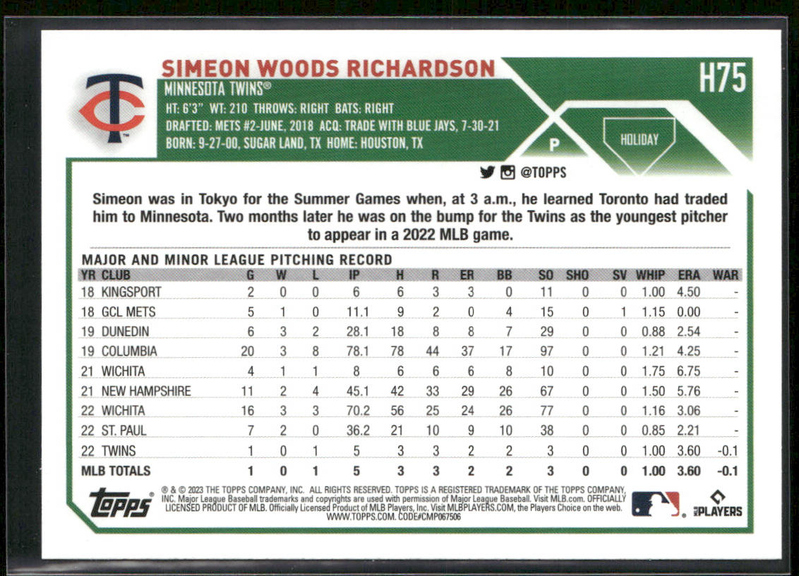 Simeon Woods Richardson 2023 Topps Holiday #H75 RC Minnesota Twins