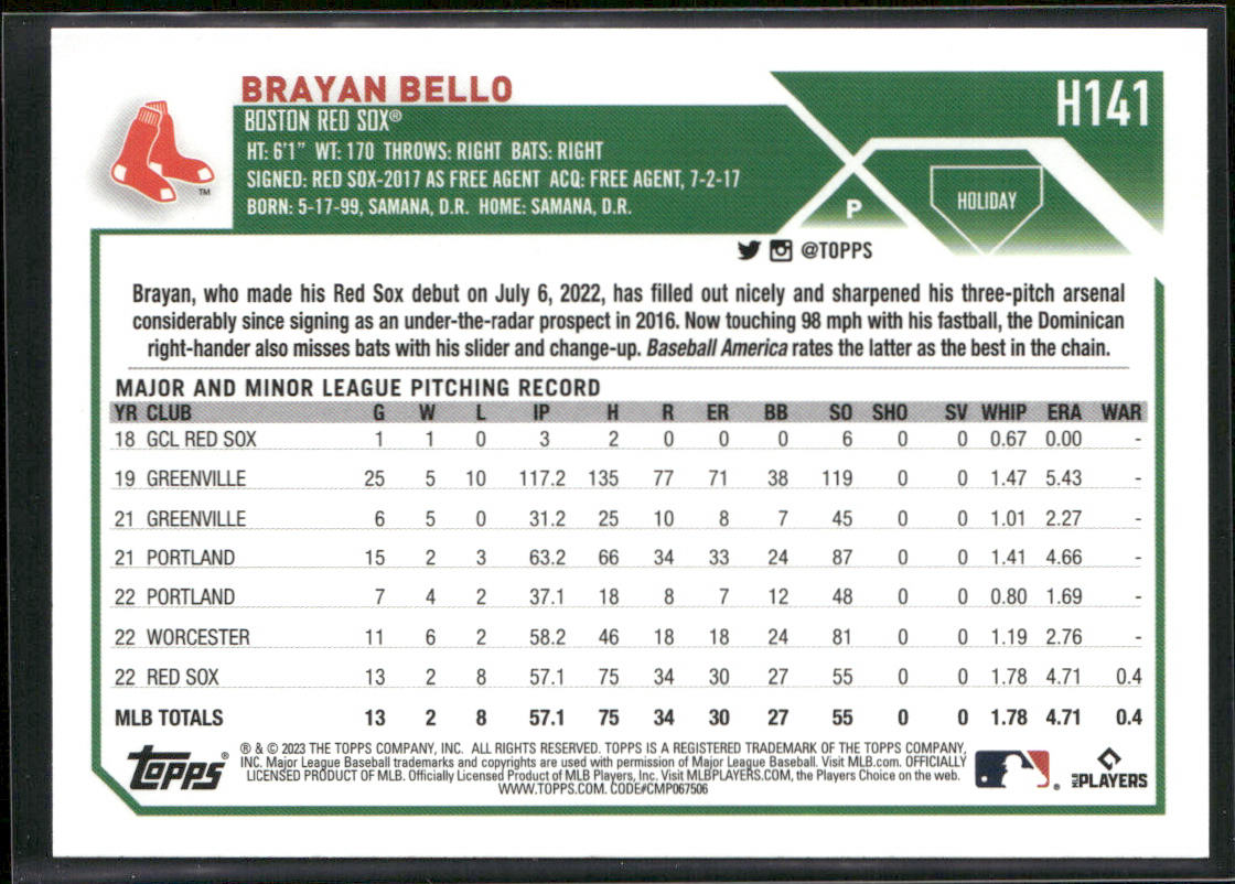 Brayan Bello 2023 Topps Holiday #H141 RC Boston Red Sox