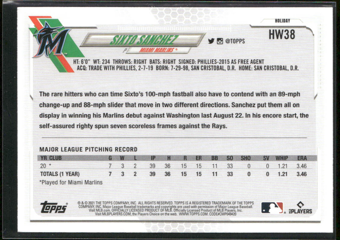Sixto Sanchez 2021 Topps Holiday #HW38 RC Miami Marlins