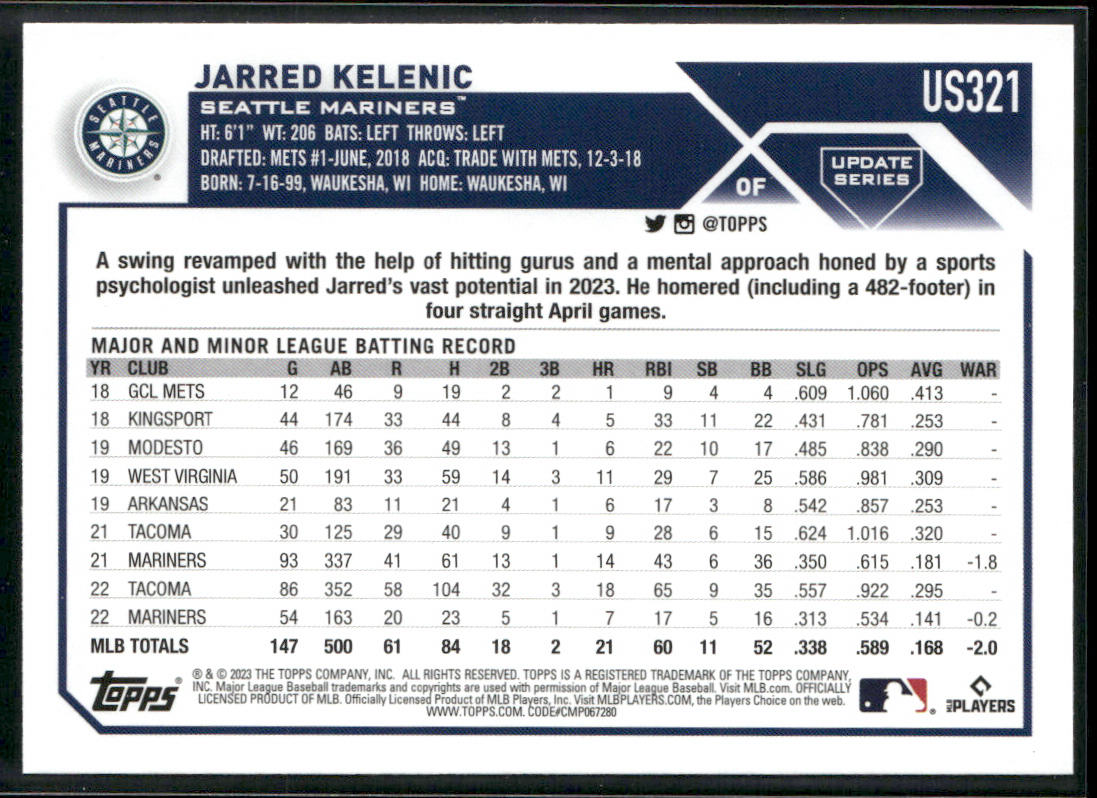 Jarred Kelenic 2023 Topps Update #US321 Seattle Mariners