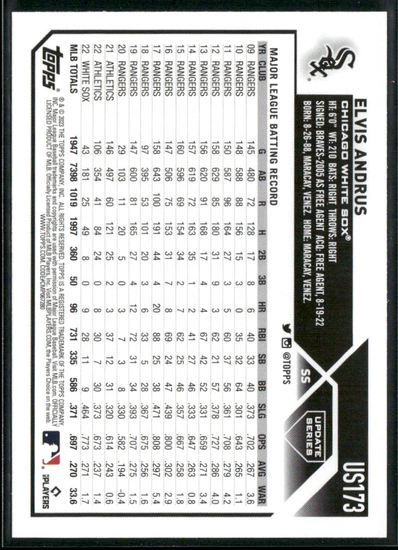 Elvis Andrus 2023 Topps Update #US173 Chicago White Sox