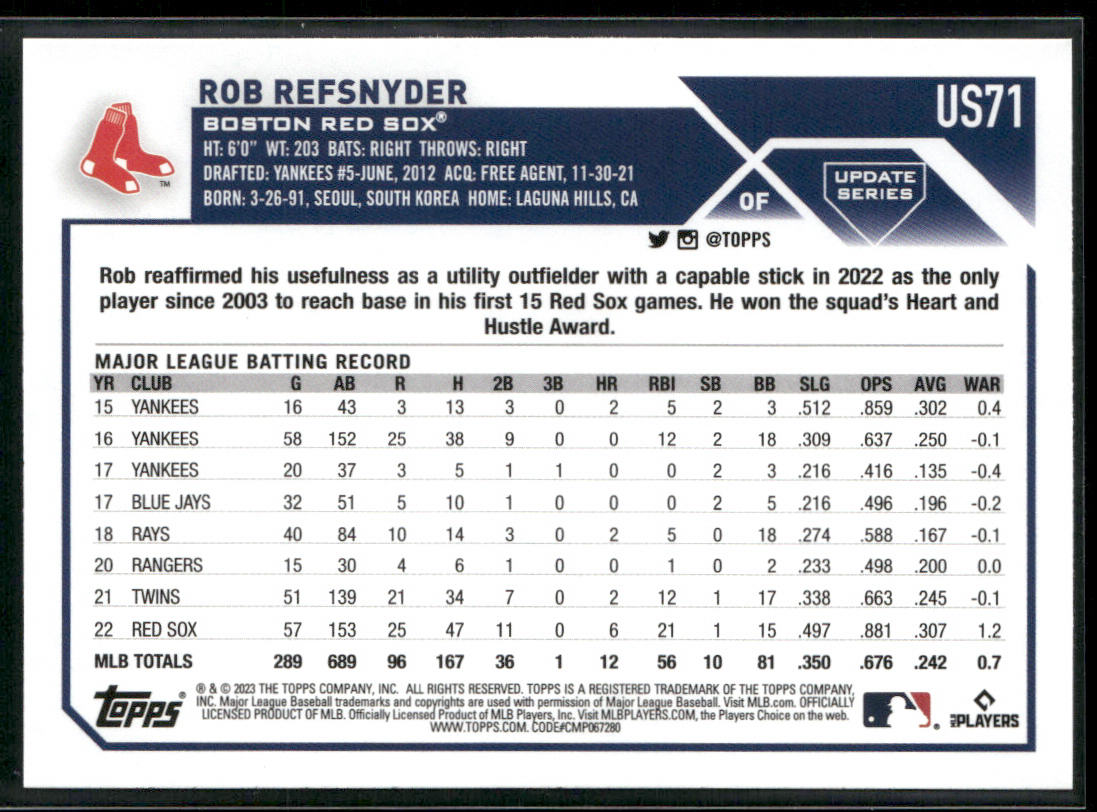 Rob Refsnyder 2023 Topps Update #US71 Boston Red Sox