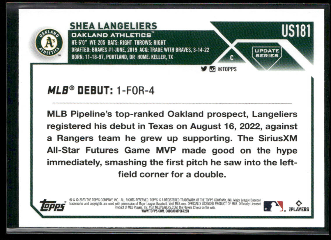 Shea Langeliers 2023 Topps Update #US181 Oakland Athletics