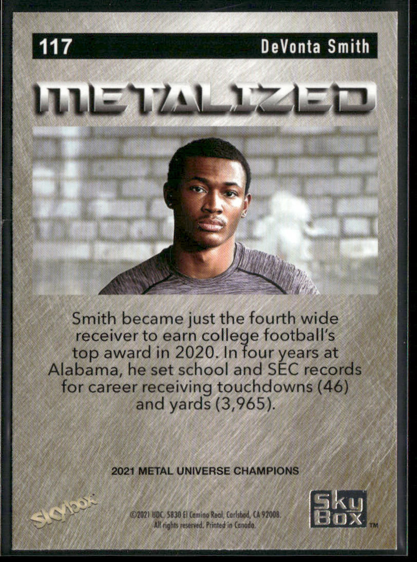 DeVonta Smith 2021 SkyBox Metal Universe Champions Copper #117 back