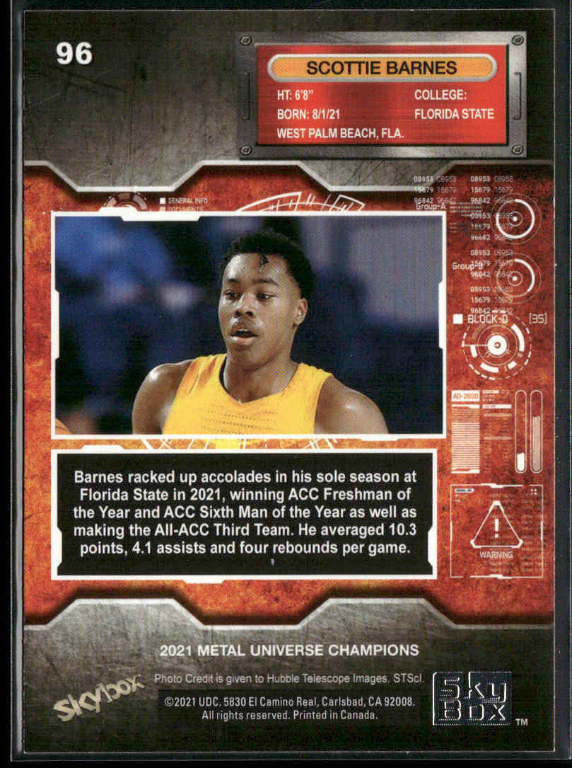 Scottie Barnes 2021 SkyBox Metal Universe Champions #96 back