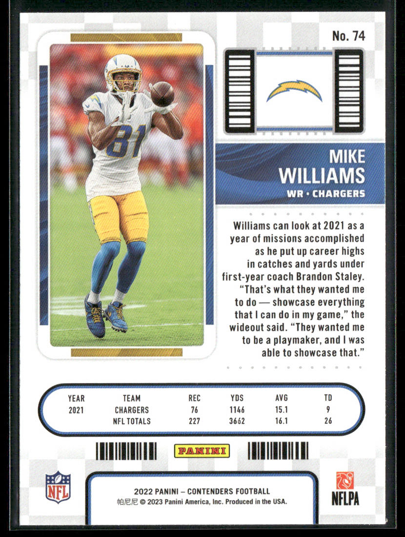 Mike Williams 2022 Panini Contenders #74 Los Angeles Chargers back