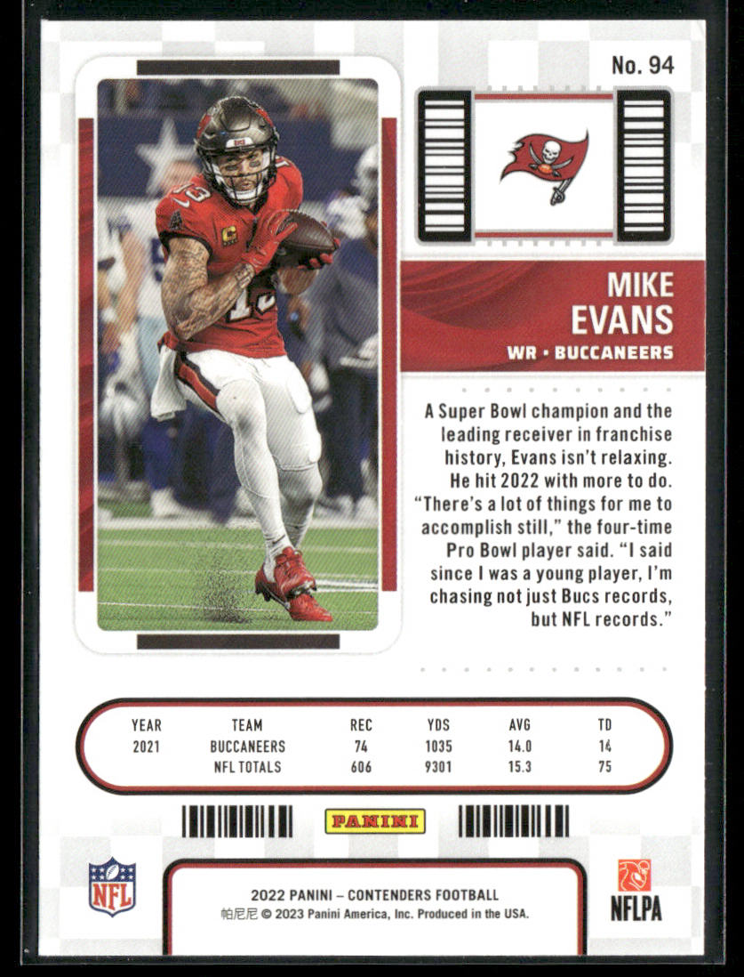 Mike Evans 2022 Panini Contenders #94 Tampa Bay Buccaneers back