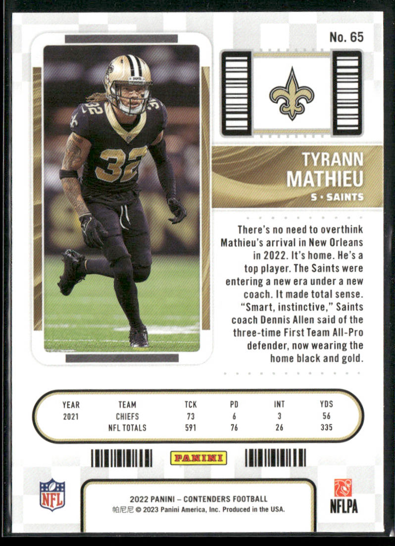 Tyrann Mathieu 2022 Panini Contenders #65 New Orleans Saints back