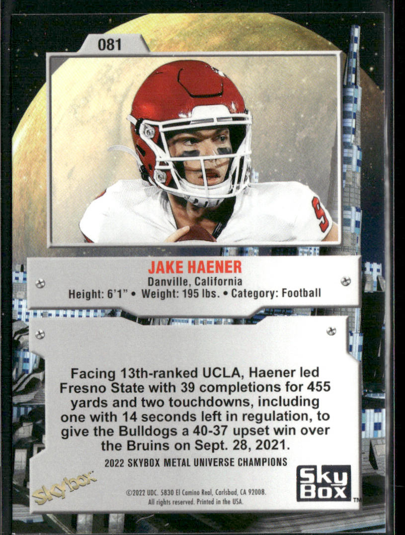 Jake Haener 2022 SkyBox Metal Universe Champions Aqua #081