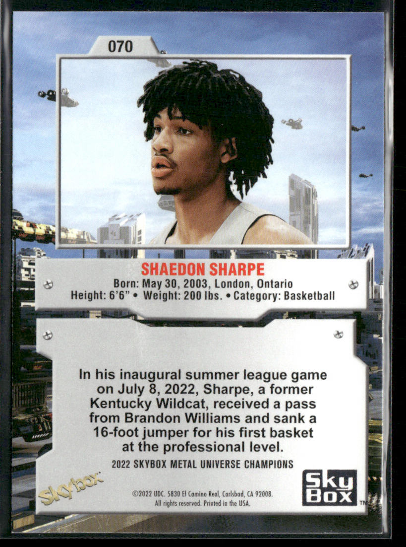 Shaedon Sharpe 2022 SkyBox Metal Universe Champions #070 back