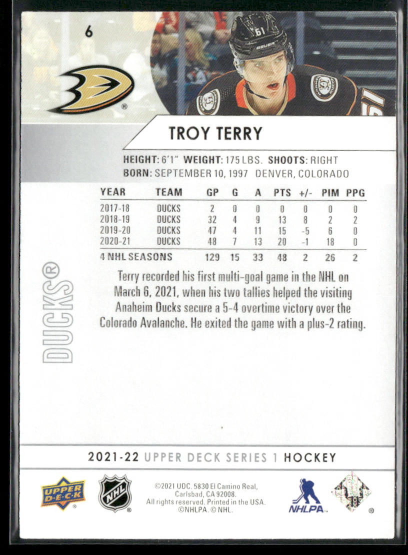 Troy Terry 2021-22 Upper Deck #6 Anaheim Ducks