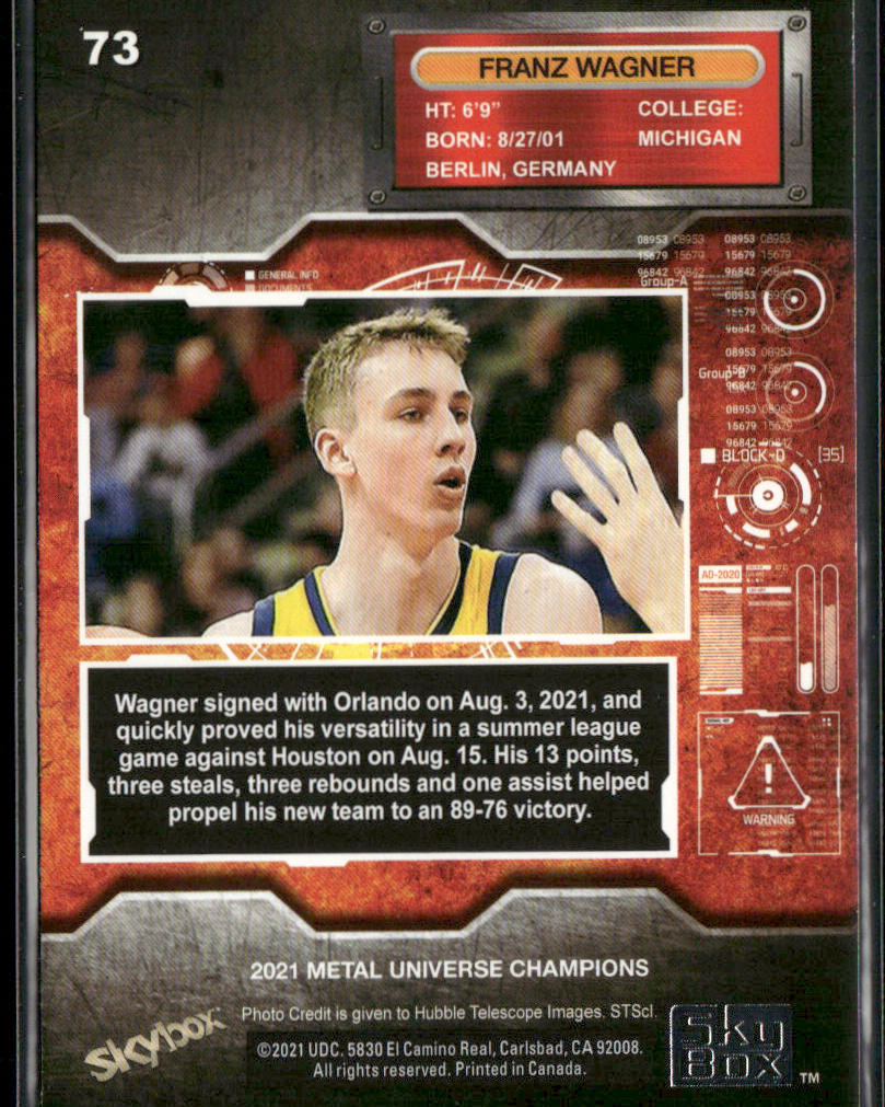 Franz Wagner 2021 SkyBox Metal Universe Champions #73 back
