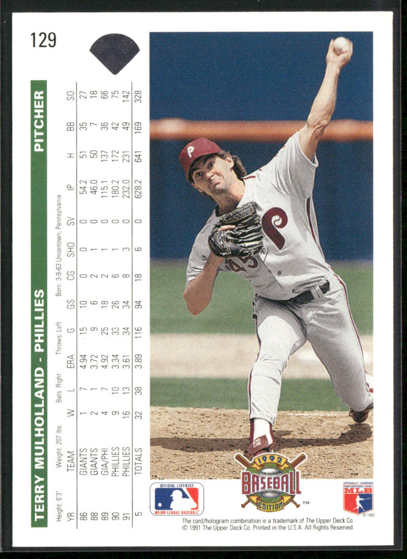 Terry Mulholland 1992 Upper Deck #129 Philadelphia Phillies
