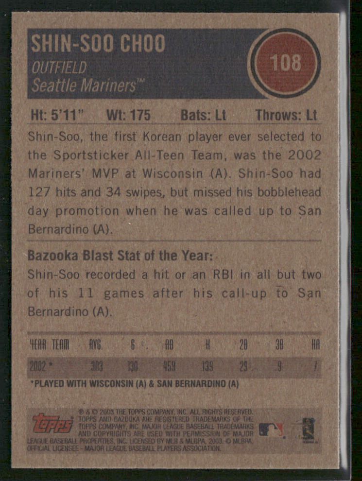 Shin-Soo Choo 2003 Bazooka #108b Seattle Mariners