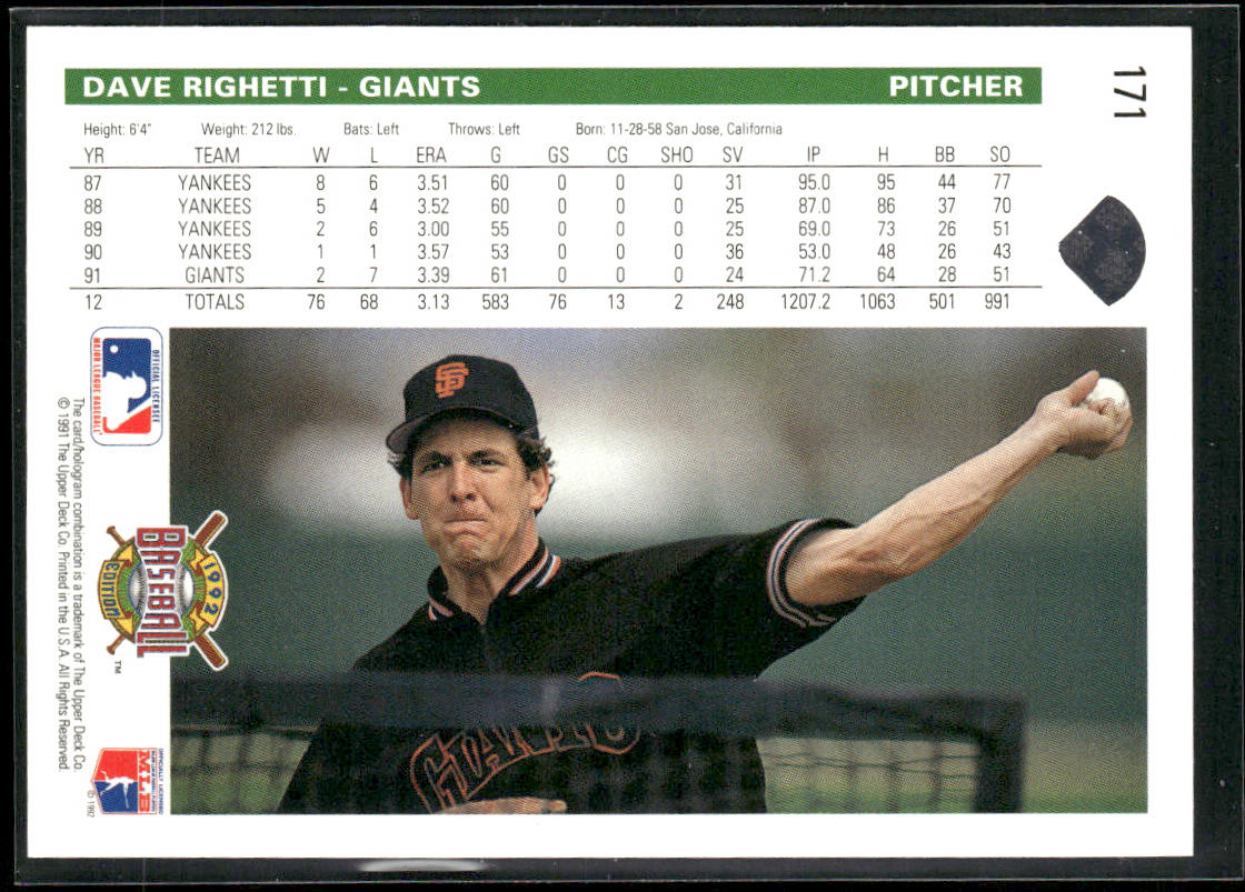 Dave Righetti 1992 Upper Deck #171 San Francisco Giants