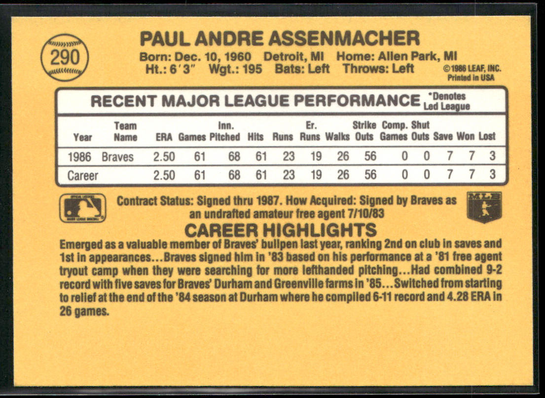 Paul Assenmacher 1987 Donruss #290 RC Atlanta Braves