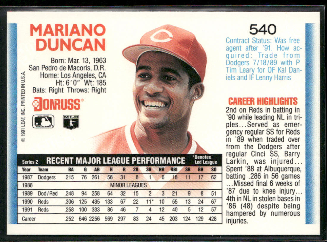 Mariano Duncan 1992 Donruss #540b Cincinnati Reds