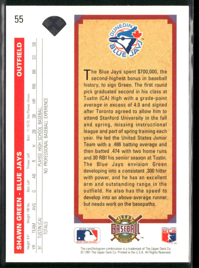 Shawn Green 1992 Upper Deck #55 RC Toronto Blue Jays