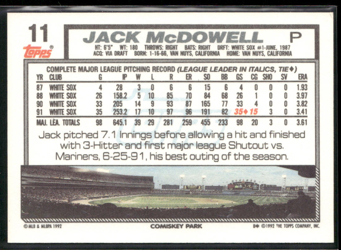 Jack McDowell 1992 Topps #11 Chicago White Sox