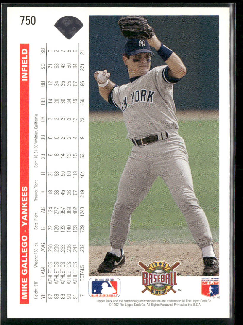 Mike Gallego 1992 Upper Deck #750 New York Yankees