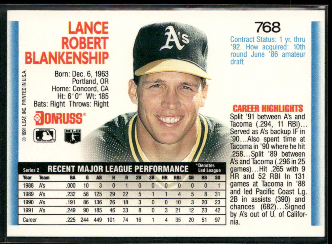 Lance Blankenship 1992 Donruss #768b Oakland Athletics