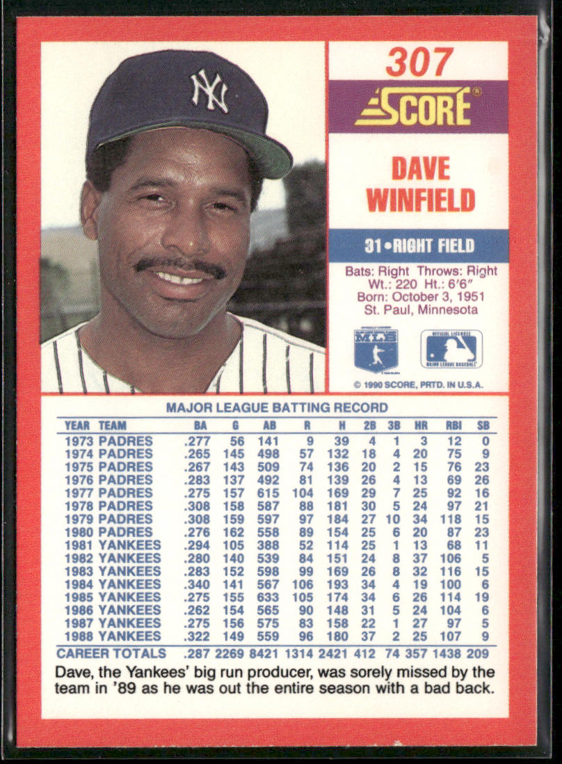 Dave Winfield 1990 Score #307 New York Yankees