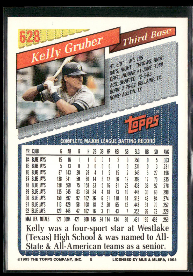 Kelly Gruber 1993 Topps #628 Toronto Blue Jays