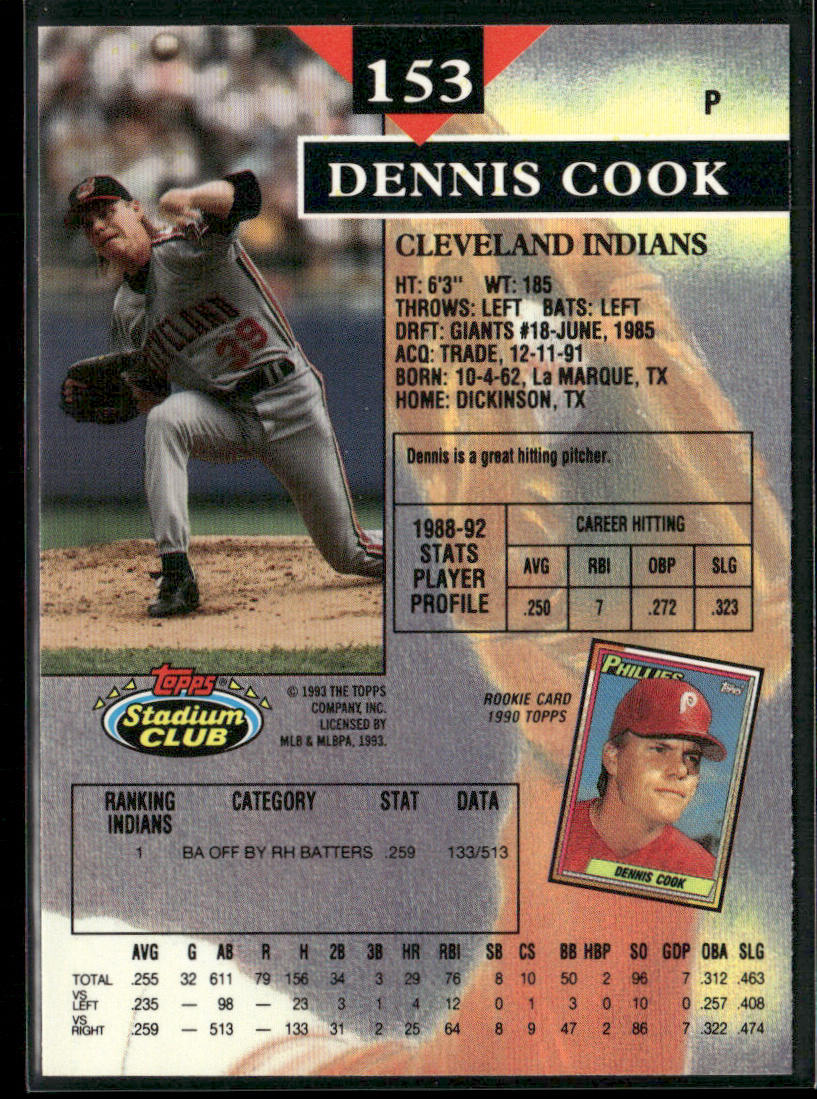 Dennis Cook 1993 Stadium Club #153 Cleveland Indians