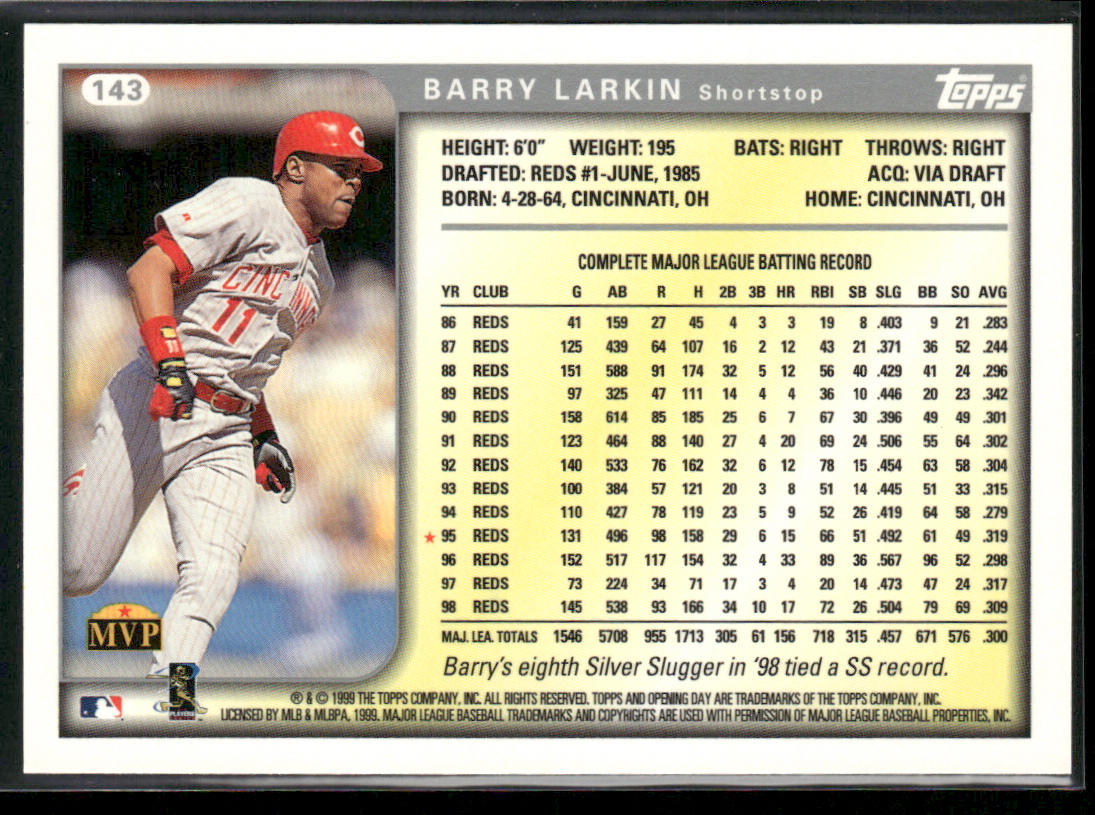 Barry Larkin 1999 Topps Opening Day #143 Cincinnati Reds