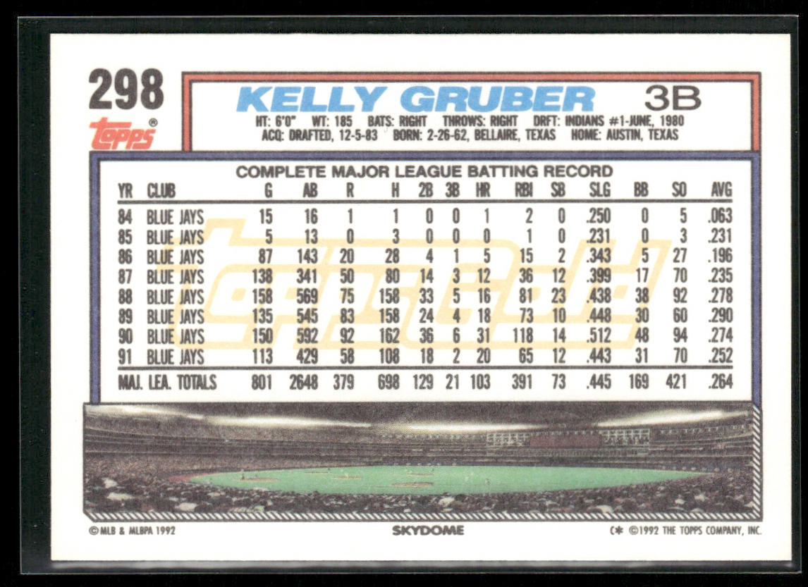 Kelly Gruber 1992 Topps Gold Winners #298 Toronto Blue Jays