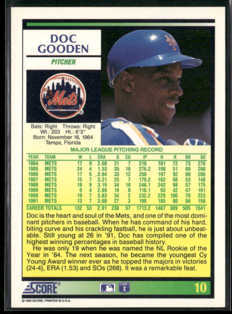 Doc Gooden 1992 Score #10 New York Mets