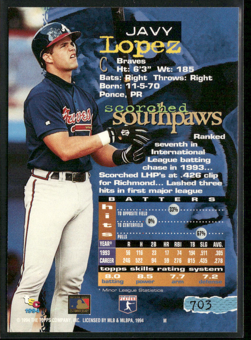 Javy Lopez 1994 Stadium Club #703 Atlanta Braves