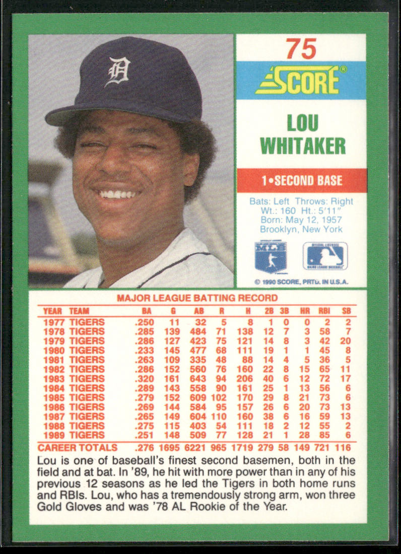 Lou Whitaker 1990 Score #75 Detroit Tigers