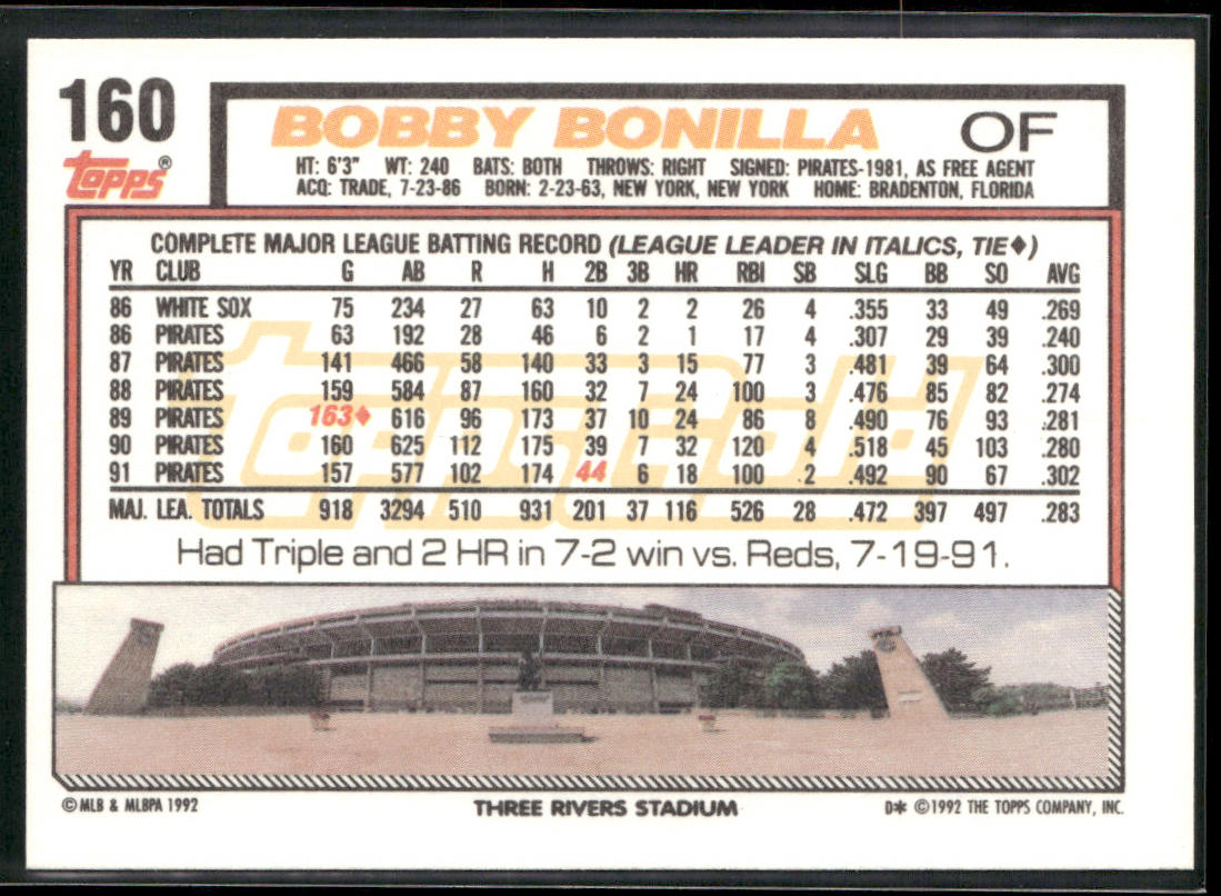 Bobby Bonilla 1992 Topps Gold Winners #160a Pittsburgh Pirates