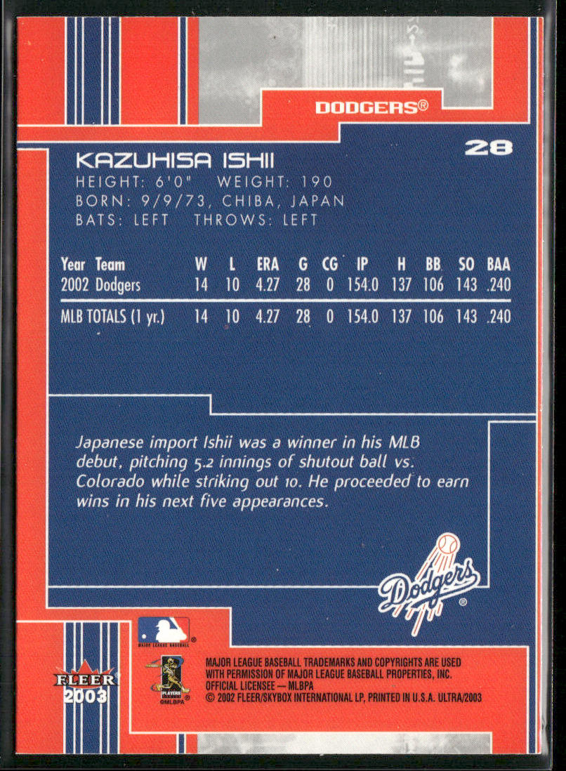 Kazuhisa Ishii 2003 Ultra #28 Los Angeles Dodgers